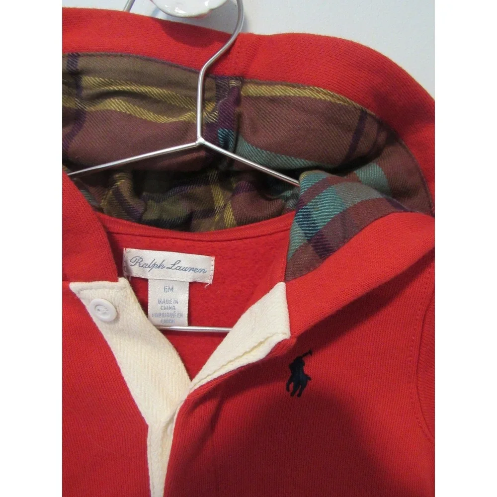 Ralph Lauren Baby Red Hooded One Piece Sweatsuit Plaid Lined 6M Romper